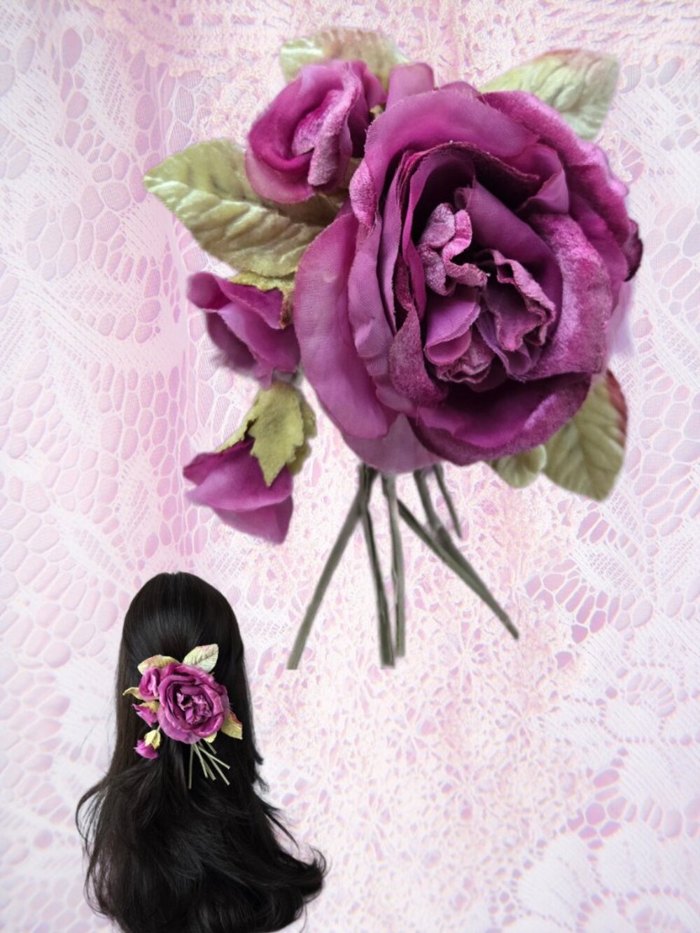Plum-Magenta Millinery Velvet Rose Barrette Posey Romantic Fairycore  Coquette